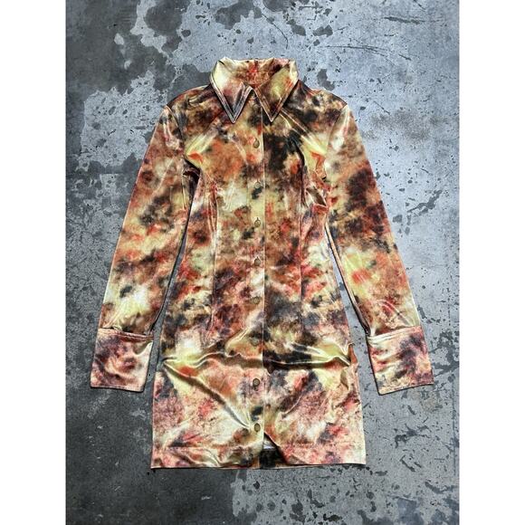 Nanushka Orange Hazy Floral‎ Print Velvet Jersey Romee Mini Shirt Dress XXS - Picture 1 of 7